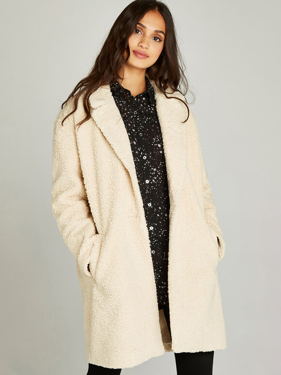Cream Oversized Borg Fur Coat, Cream, large