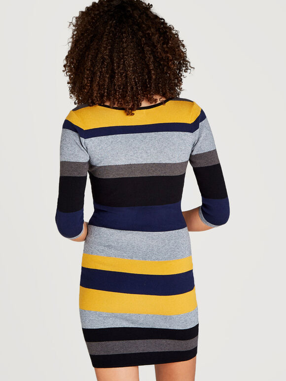 Colour Block Striped Bodycon Dress, Mustard, large