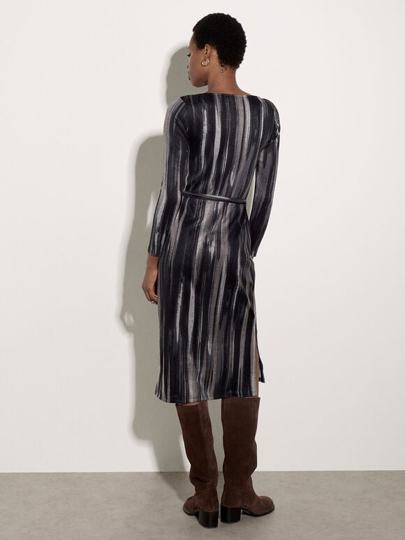 Painterly Stripe Knitted Midi Dress, Grey, large