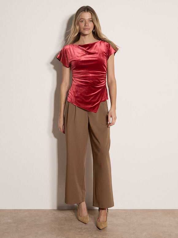 Asymmetric Ruched Velvet Top, Burgundy, large