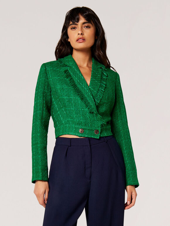 Fringed Cropped Tweed Blazer, Green, large