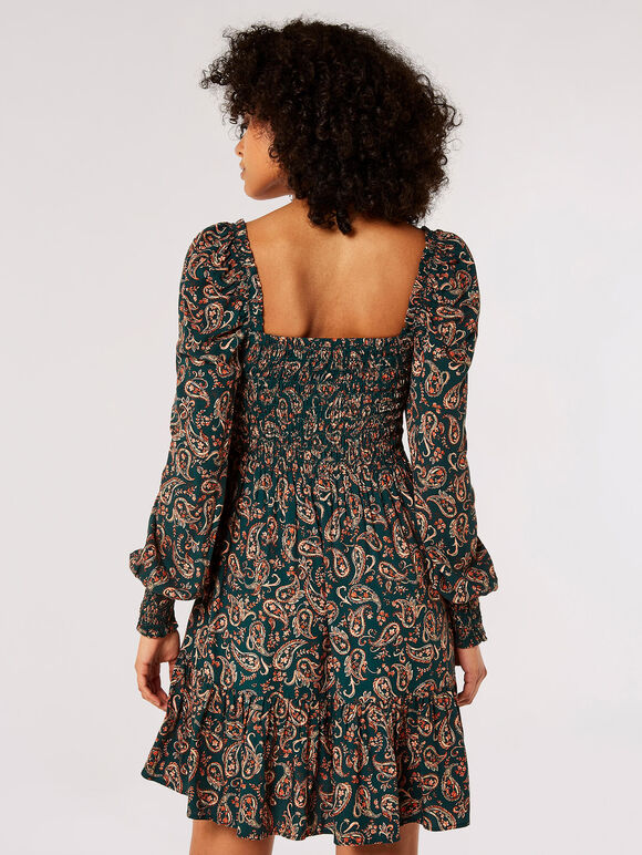 Paisley Milkmaid Mini Dress, Green, large