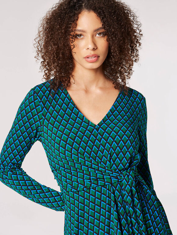 Geometric Diamond Wrap Mini Dress, Green, large