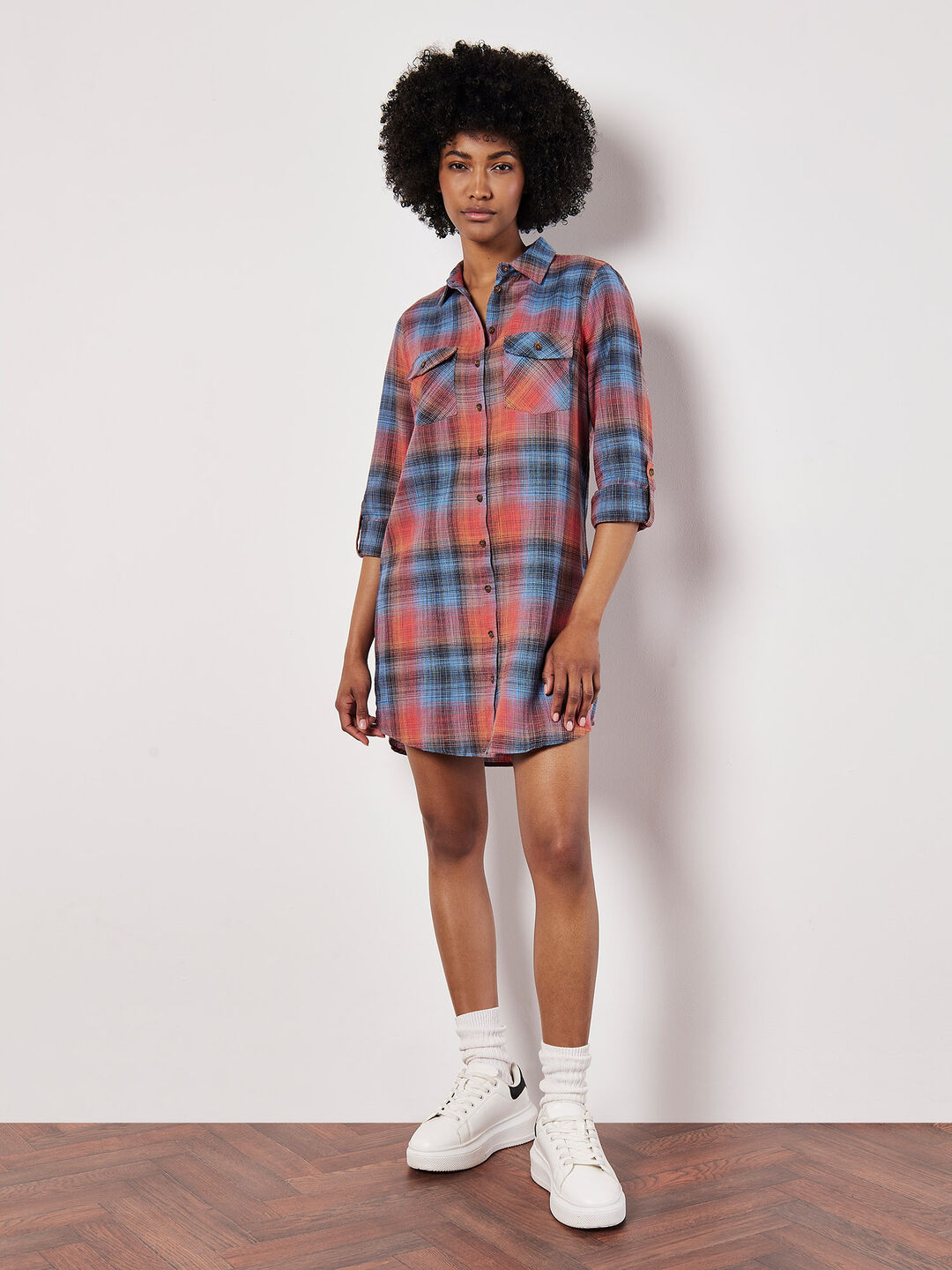 Image of Sunset Plaid Shirt Dress
