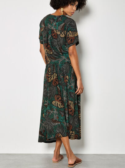 Tropical Leaf Print A-Line Midi Skirt