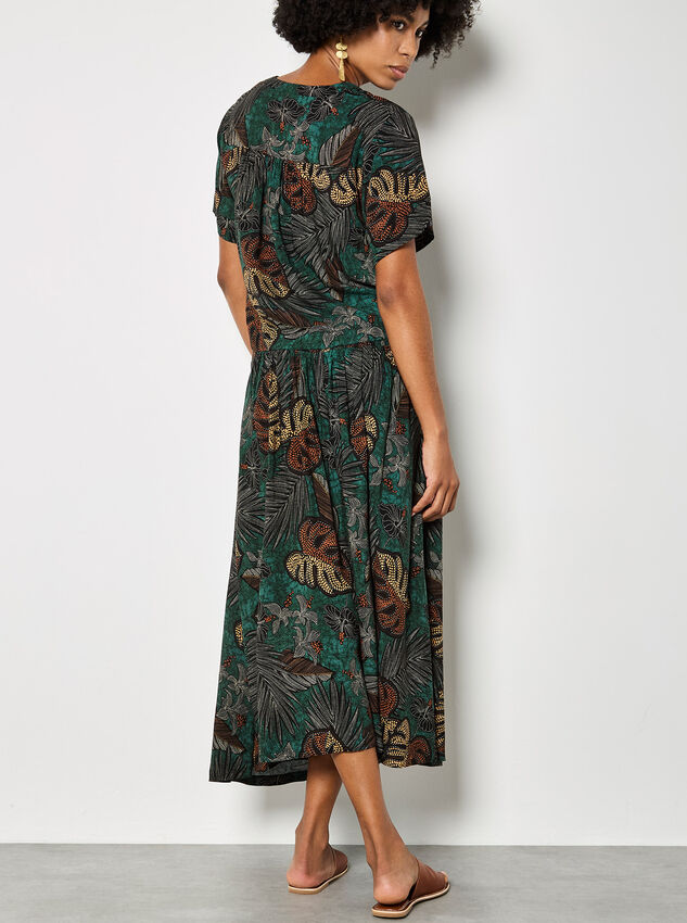 Tropical Leaf Print A-Line Midi Skirt, Green, large
