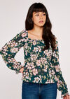 Ruffle & Smock Soft Floral Top, Green, large