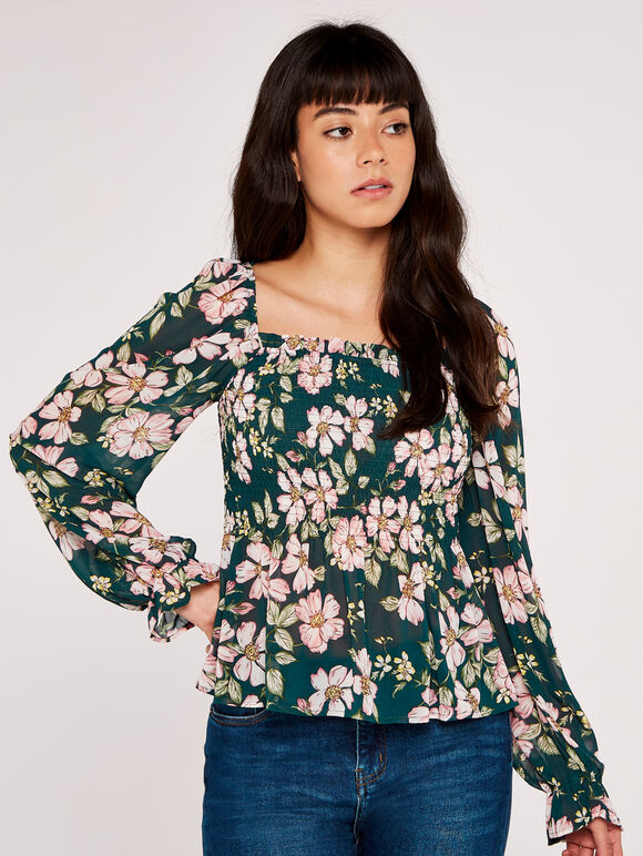 Ruffle & Smock Soft Floral Top, Green, large