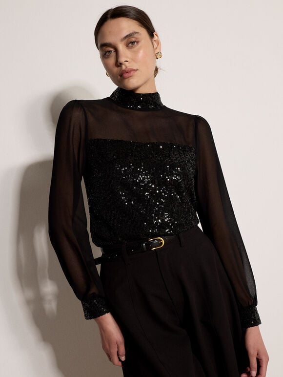Sequin Embellished Chiffon Top, Black, large
