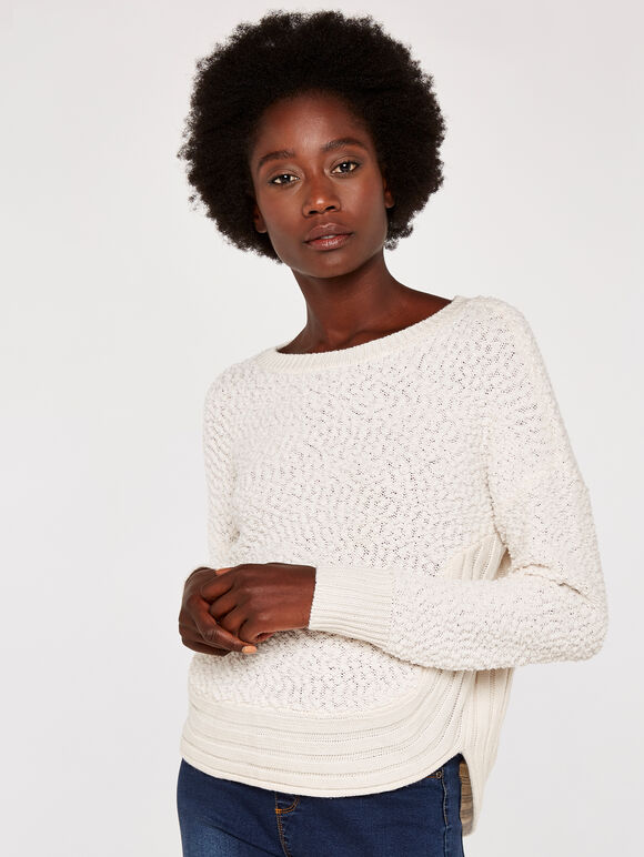 Knitted Grown On Sleeve Jumper, Cream, large