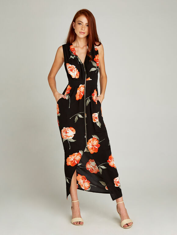 Black Peony Zip Front Maxi Dress, Black, large