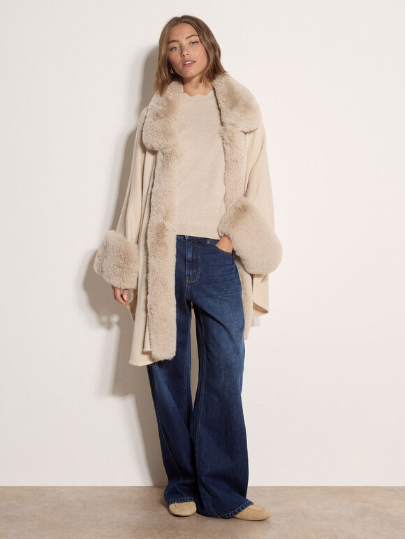 Faux Fur Trimmed Cape, Stone, large