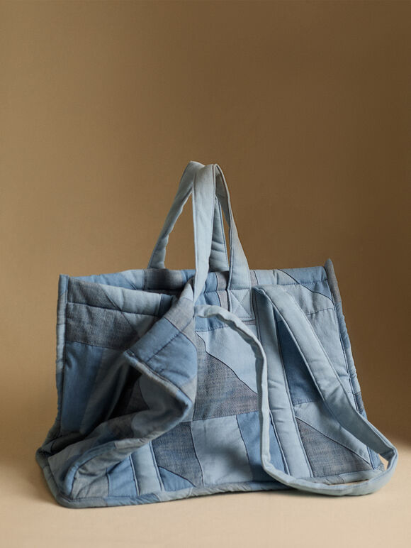 Cotton Denim Patchwork Tote Bag, Blue, large