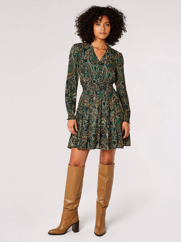 Paisley Print Ruffle Mini Dress, Green, large