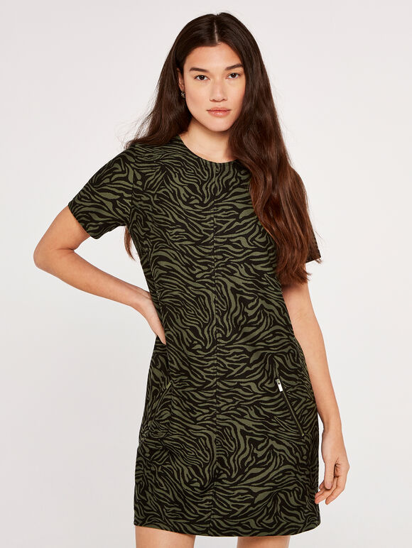 Zebra Knit Shift Dress, Khaki, large
