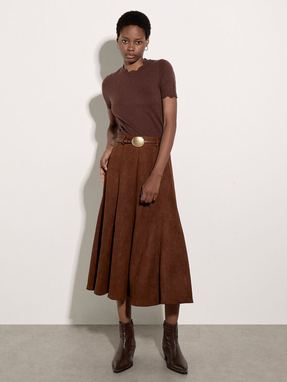 Suedette A-Line Midi Skirt, Brown, large