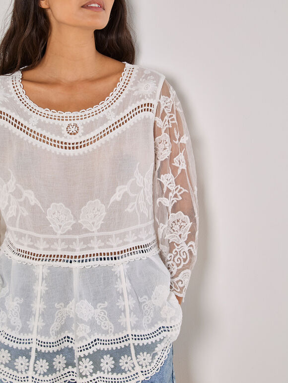 Embroidered Mesh Oversized Top, White, large
