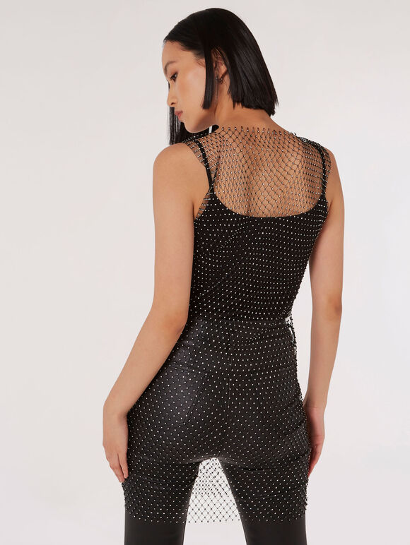 Rhinestone Mesh Mini Dress, Black, large