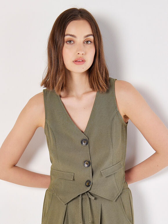 Textured Pinstripe Waistcoat, Khaki, large