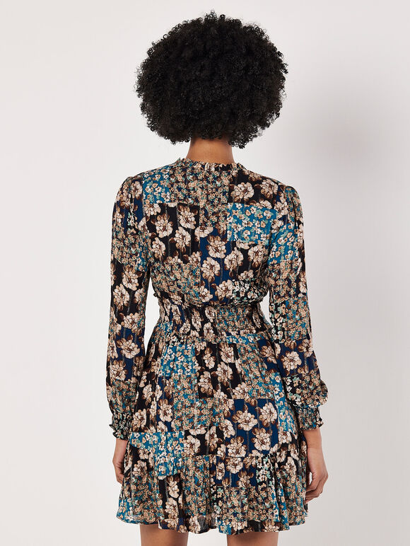 Patchwork Floral Shimmer Mini Dress, Teal, large
