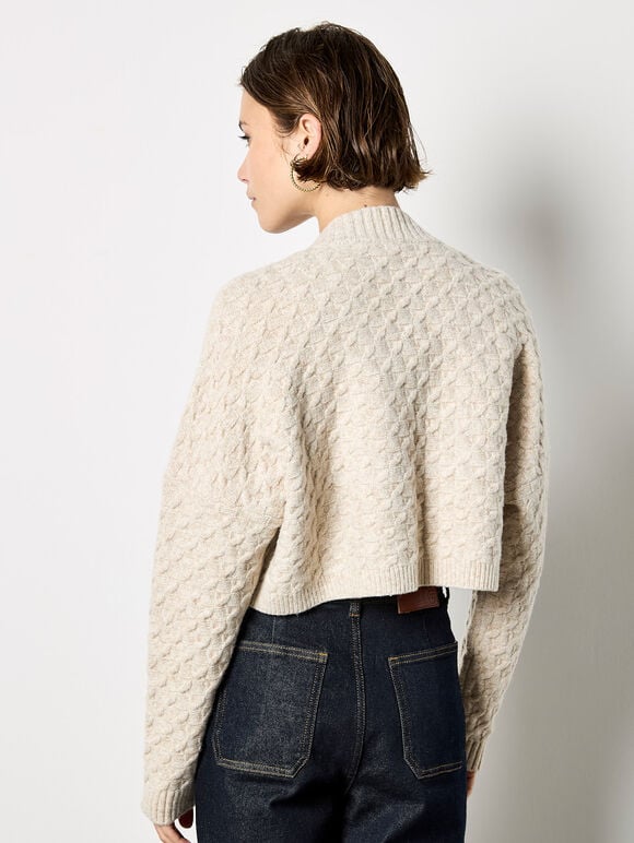 Plait Knit Shrug Cardigan, Stone, large