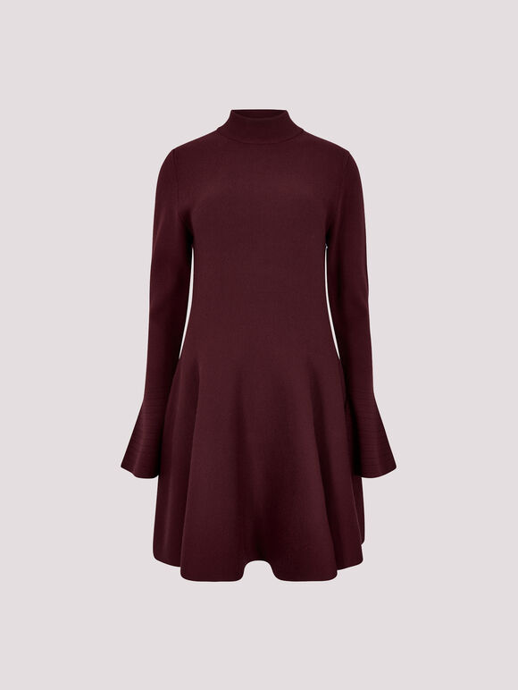 Bell Sleeve Knitted Skater Mini Dress, Burgundy, large