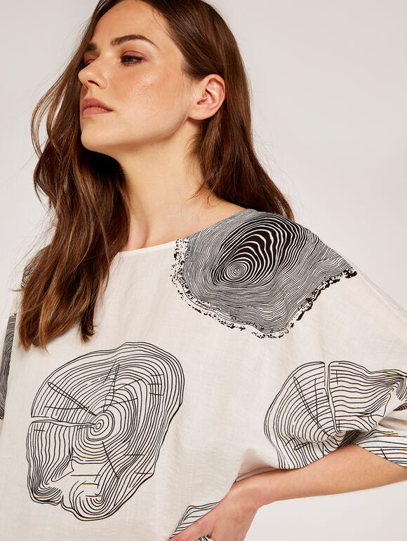 Wood Print Oversized Top, Cream, large