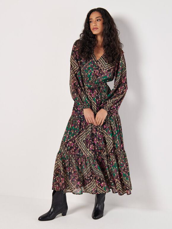 Gold Foil Floral Print Maxi Dress, Green, large