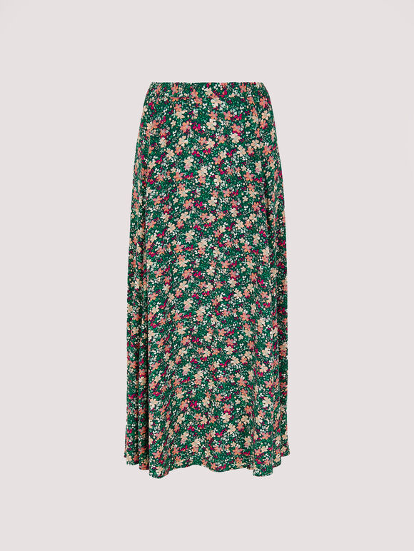 Ditsy Floral Print Midi Skirt, Green, large