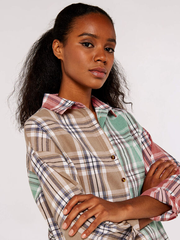 Patchwork Plaid Shirt, Mint, large