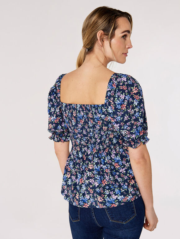 Smocked Ditsy Print Top, Navy, large