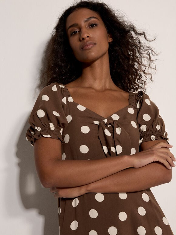 Polka Dot Bow Detail Midi Dress, Brown, large