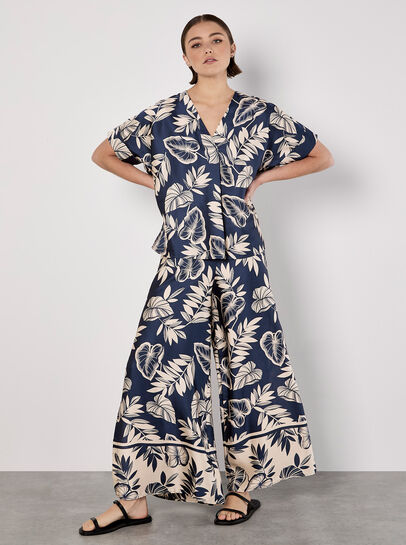 Tropical Leaf Print Satin Wide Leg Trousers