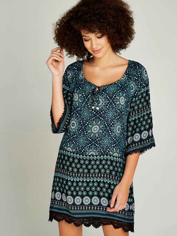 Tribal Print Tunic Dress, Navy, large
