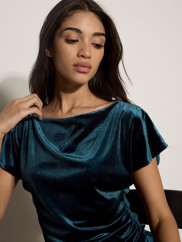 Asymmetric Ruched Velvet Top, Teal, large