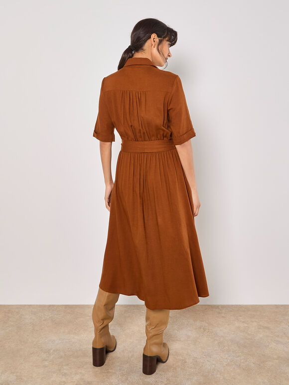 Linen Blend Utility Shirt Midi Dress, Brown, large