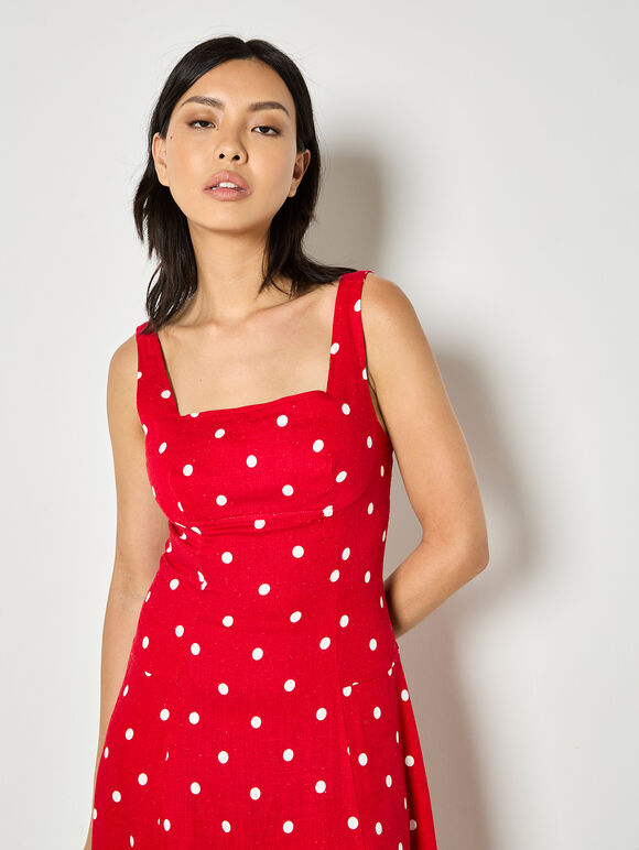 Linen Polka Dot Midi Dress, Red, large