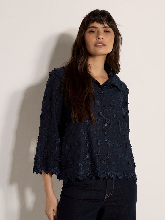 Applique Flowers Cropped Shirt, Navy, large