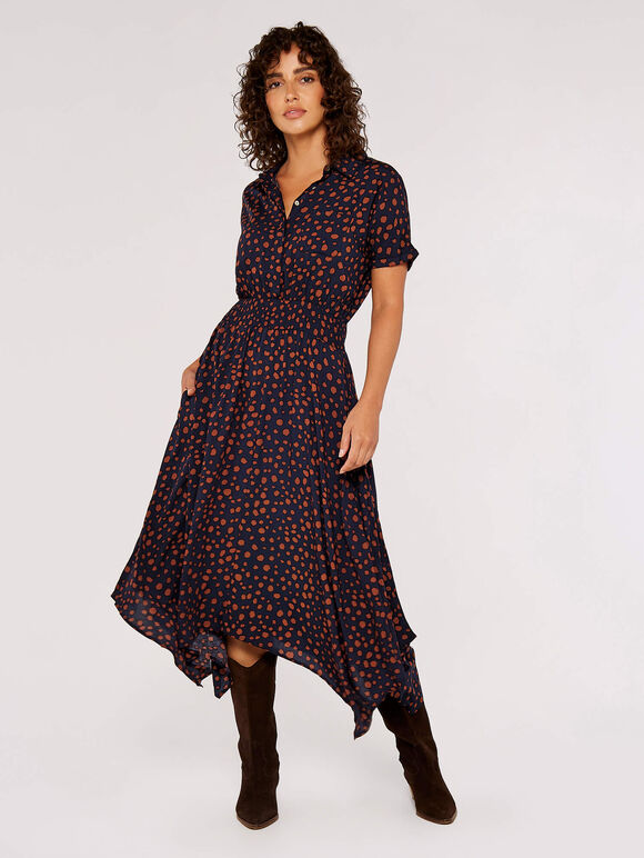 Dot Smock Midi Dress, Navy, large