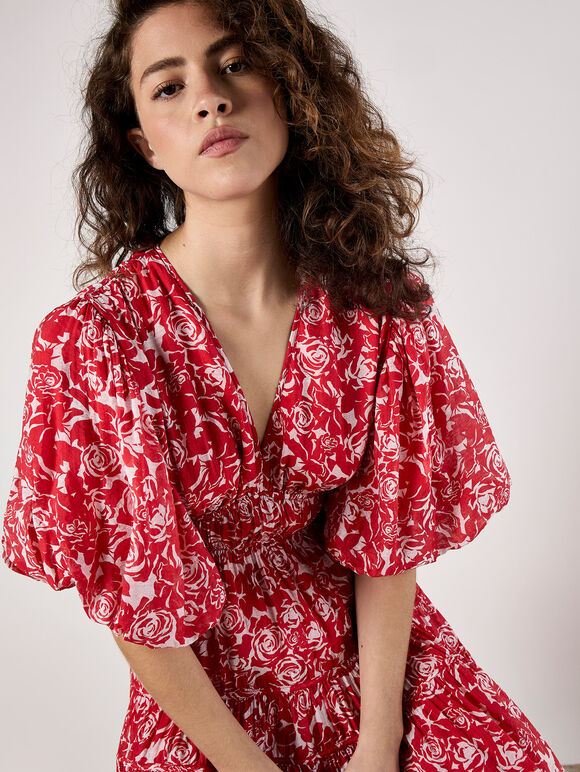 Rose Print Tiered Midi Dress, Red, large