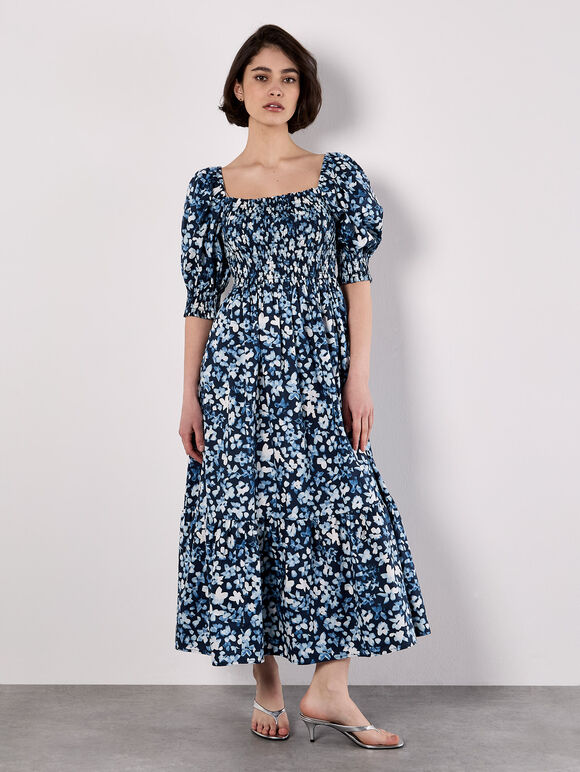 Floral Milkmaid Midaxi Dress, Navy, large