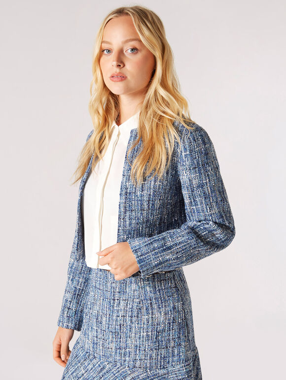 Shimmer Tweed Cropped Blazer, Blue, large