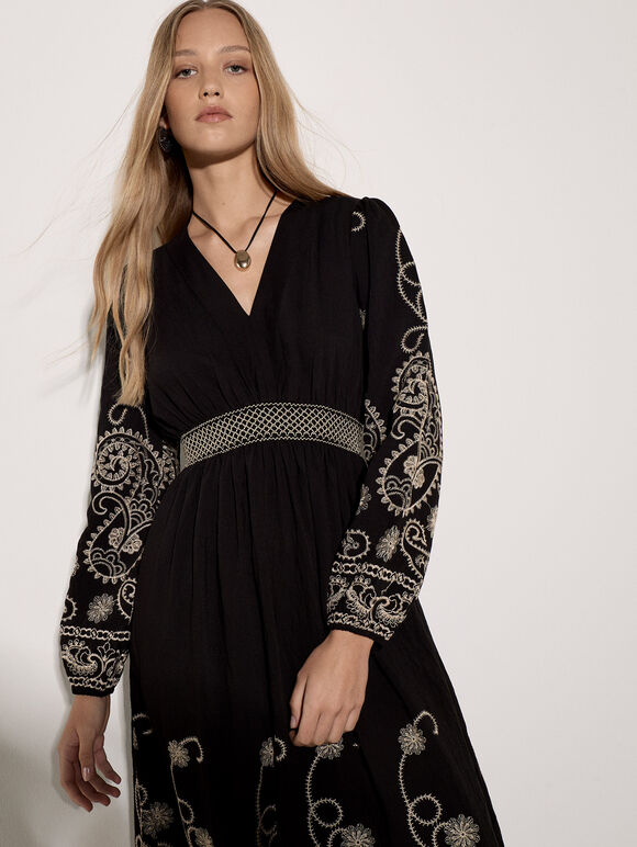 Paisley Embroidered Maxi Dress, Black, large