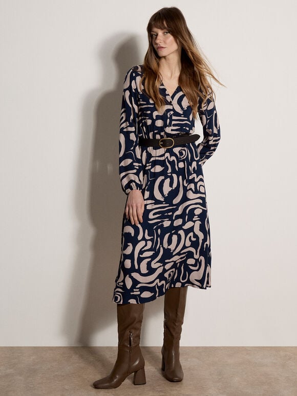Abstract Brushstroke Midi Dress, Navy, large