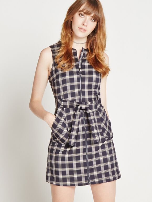 Check Zip Through Shift Dress, Navy, large