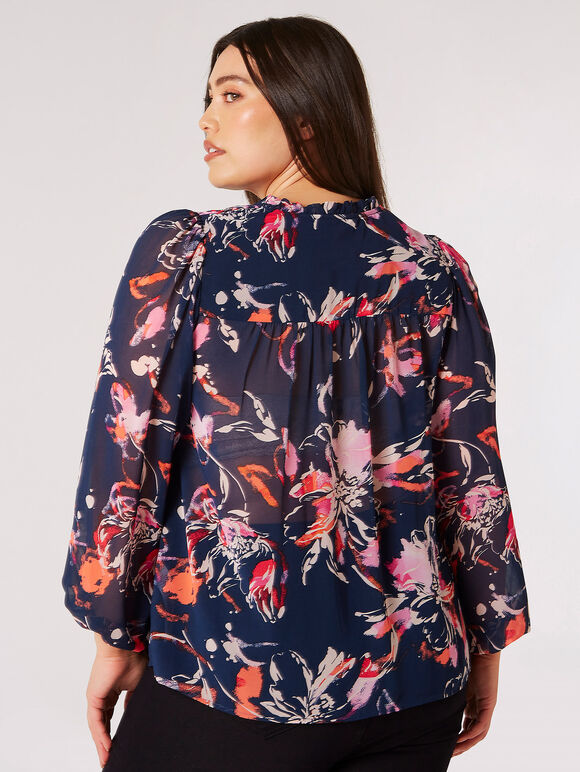 Curve Watercolour Floral Chiffon Blouse, Navy, large