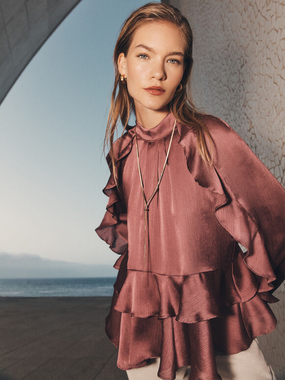 Ruffle Crinkle Satin Top, Pink, large