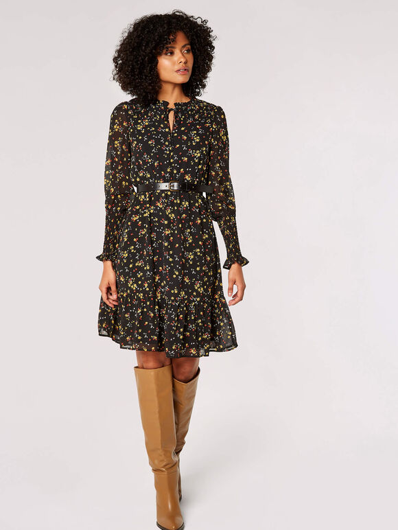Ditsy Floral Ruffle Mini Dress, Black, large