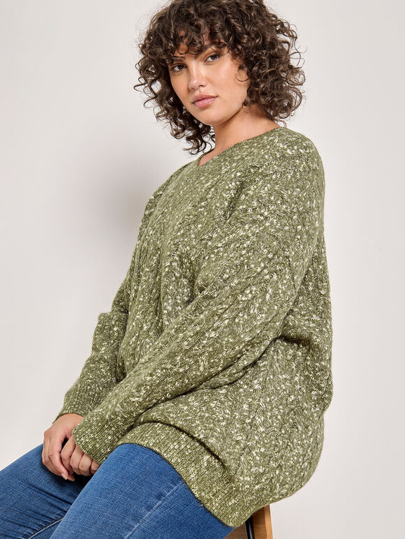 Curve Cable Knit Flecked Jumper, Khaki, large