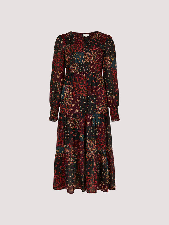 Patchwork Ditsy Midi Dress, Black, large